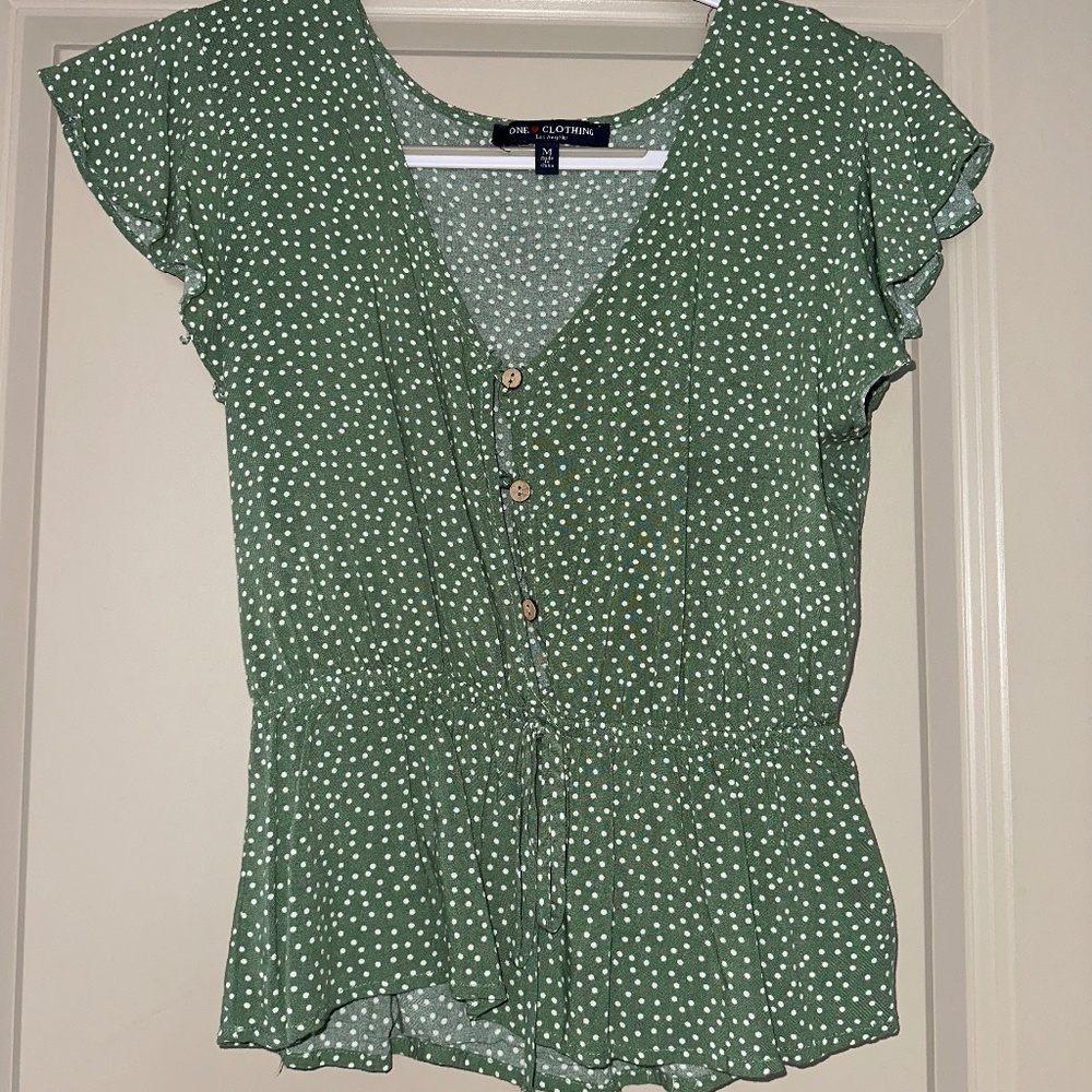 Green with White Dots Short Sleeve Blouse